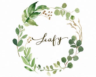 Watercolor leaf wreath clipart-Leafy/Small Set/Hand Painted/Wedding design