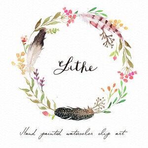 May include: Watercolor wreath with feathers, berries, and leaves in shades of pink, red, orange, yellow, and green. The word "Lithe" is written in black cursive script in the center of the wreath.