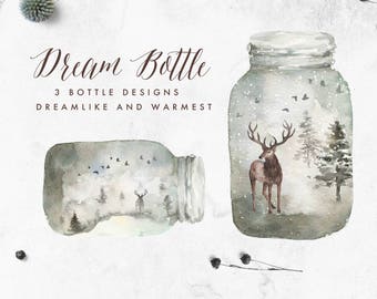 Watercolor bottle clip art-Dream Bottle/Small Set/Individual PNG files/Hand Painted/Wedding design/Winter/Rustic/Christmas