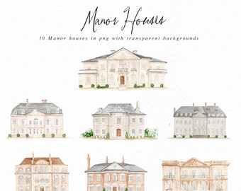 Watercolor house cliparts-Manor Houses/Small Set/Individual PNG files/Landscape/House