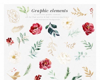 Watercolor floral elements-Velvet/Small Set/Individual PNG files/Hand Painted/Wedding design/Rustic/Burgundy and ivory