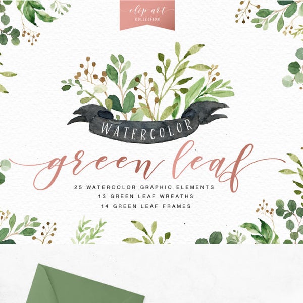 Watercolor Green Leaf Clip Art/Greenery/Small Set/Eucalyptus/Wild Leaf/Spring/Green