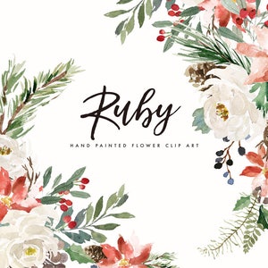 Könnte beinhalten: Aquarell-Clipart mit einem Blumenarrangement mit weißen und roten Blumen, grünen Blättern und roten Beeren. Der Text "Ruby Hand Painted Flower Clip Art" wird unterhalb des Arrangements angezeigt.
