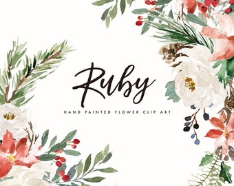 Watercolor floral Clip Art-Ruby/Small Set/Individual PNG files/Hand Painted/Wedding design/Winter/Rustic/Christmas