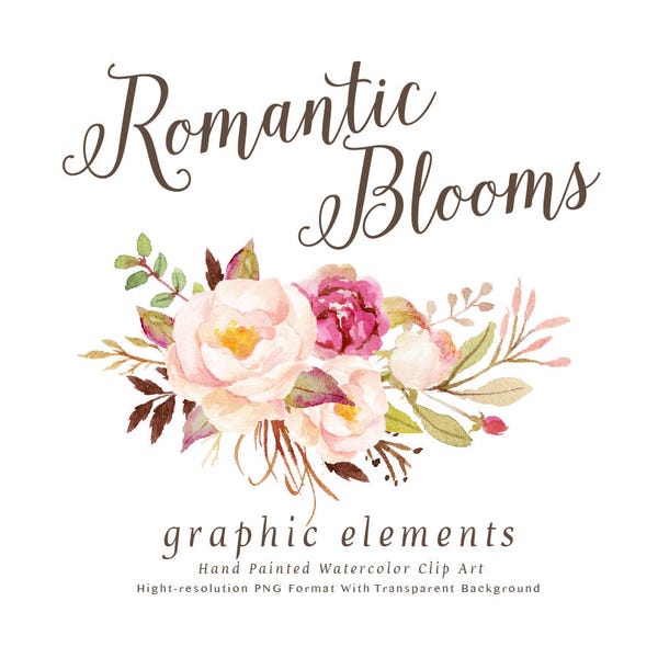 Watercolor floral Clip Art-Romantic Blooms Graphic Elements/Small Set/Individual PNG files/Hand Painted/Wedding design/Rustic