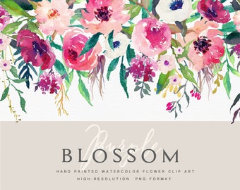 Watercolor Floral Clip Art-Purple Blossom/Small Set/Individual PNG files/Hand Painted/Wedding design/Bohemian/Boho/Rustic