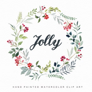 Puede incluir: Corona de acuarela con hojas verdes y bayas rojas, con la palabra "Jolly" en el centro. Clip art de acuarela pintado a mano.
