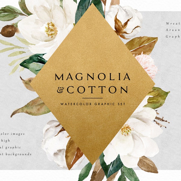 Watercolor Graphic Set-Magnolia&Cotton/Large set/Wedding/Individual PNG files/Hand Painted/wedding invitation/Autumn