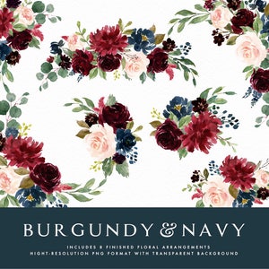 Watercolor floral Clip Art-Burgundy&Navy/Small Set/Individual PNG files/Hand Painted/Wedding design/Autumn/Rustic image 3