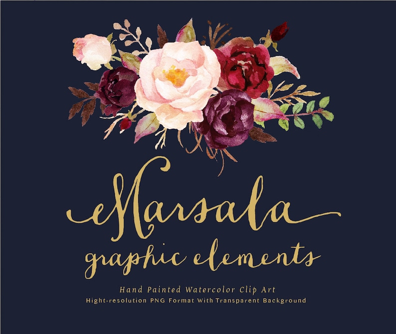Watercolor floral Clip Art-Marsala Graphic Elements/Small Set/Individual PNG files/Hand Painted/Wedding design/Bohemian/Boho/Rustic image 2