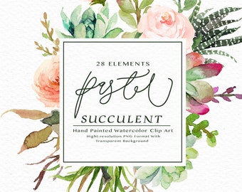 Watercolor succulent clip art -Pastel Succulent Elements/Small Set/rustic peach/Individual PNG files/Hand Painted/Wedding