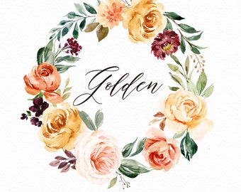 Watercolor flower wreath clipart- Golden/Small Set/Individual PNG files/Hand Painted/Wedding design