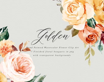 Watercolor floral Clip Art-Golden/Small Set/Individual PNG files/Hand Painted/Wedding design/Autumn/Rustic