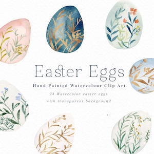 May include: A set of 24 watercolor Easter eggs with floral designs. The eggs are painted in various shades of blue, green, pink, and gold. The designs include delicate flowers, leaves, and branches. The eggs are perfect for adding a touch of spring to your home decor.