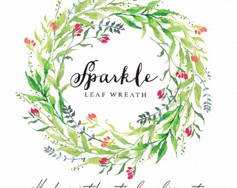 Watercolor  Leaf wreath-Sparkle/Individual PNG files / Hand Painted