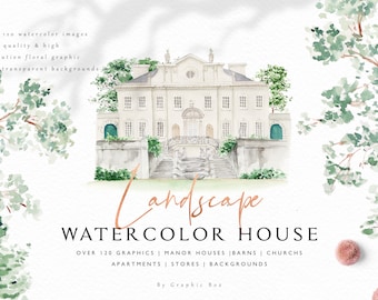 Landscape-Watercolor House Clipart/Large Set/Wedding/Individual PNG files/Hand Painted/wedding invitation