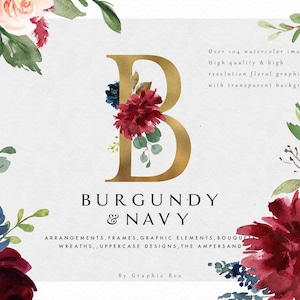 Burgundy & Navy Floral Graphic Set/Large Set/Wedding/Individual PNG files/Hand Painted/wedding invitation/Autumn image 1