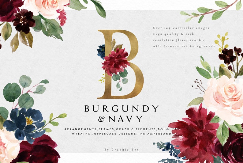 Burgundy & Navy Floral Graphic Set/Large Set/Wedding/Individual PNG files/Hand Painted/wedding invitation/Autumn image 1