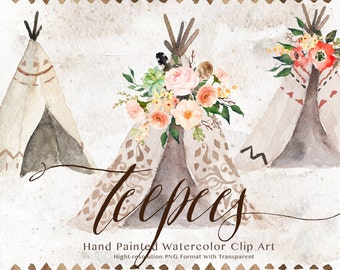 May include: Watercolor illustration of three teepees with floral arrangements. The teepees are beige with brown accents and the flowers are pink, peach, and white.