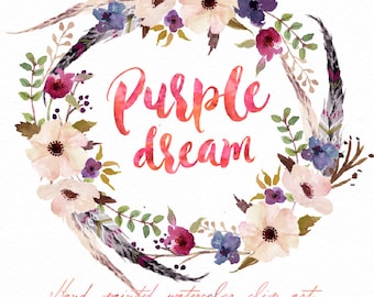 Watercolor Floral wreath-Purple dream/Small Set/Individual PNG files / Hand Painted/Wedding