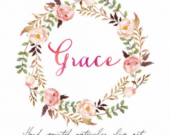 Watercolor Floral wreath-Grace /Small Set/Individual PNG files / Hand Painted