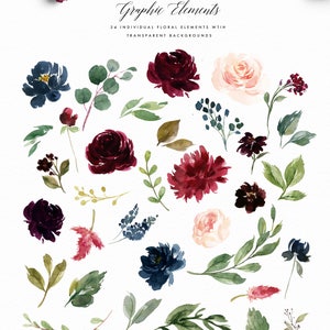 Watercolor floral Clip Art-Burgundy&Navy Floral Elements/Small Set/Individual PNG files/Hand Painted/Wedding design/Rustic image 3