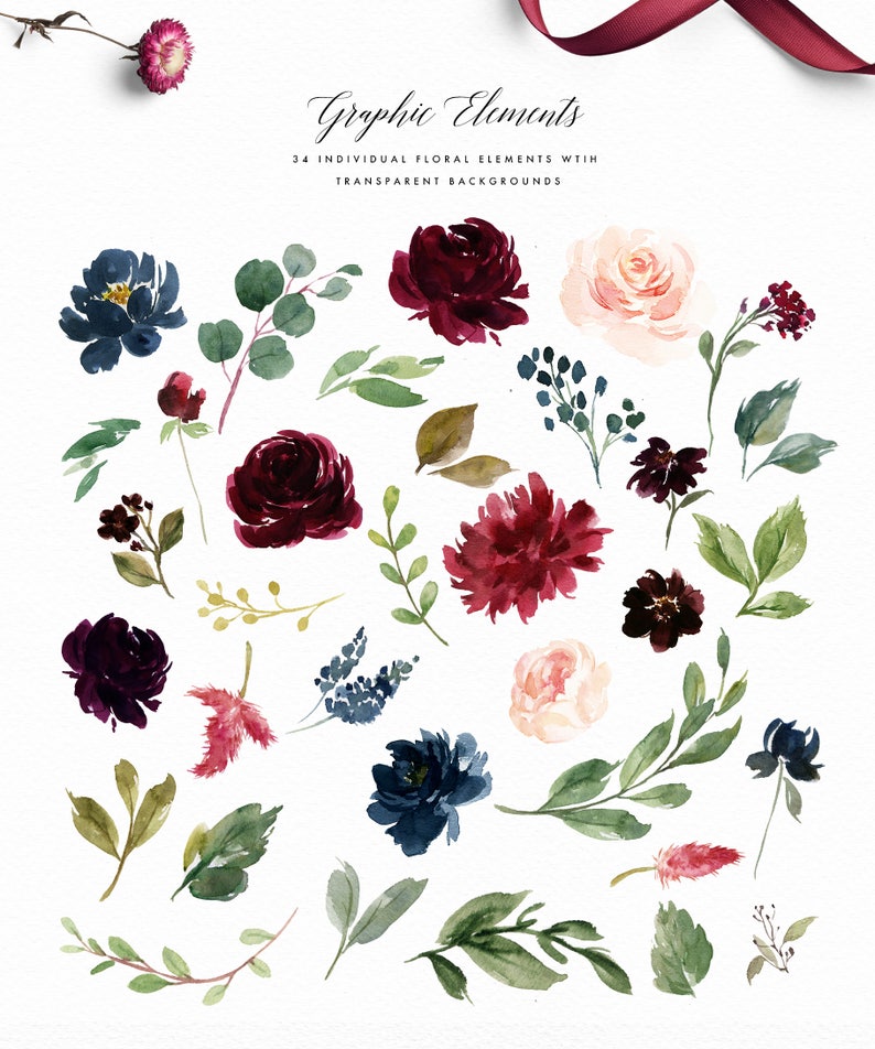 Watercolor floral Clip Art-Burgundy&Navy Floral Elements/Small Set/Individual PNG files/Hand Painted/Wedding design/Rustic image 3