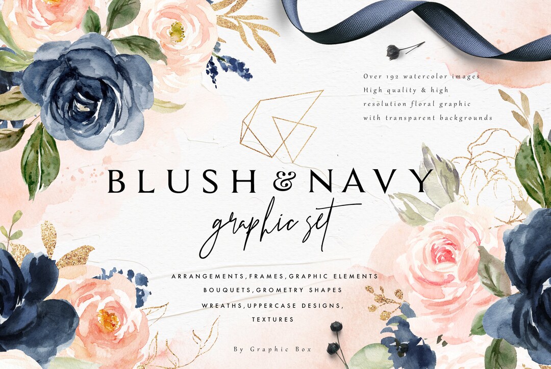 Blush & Navy-watercolor Graphic Set/large Set/individual PNG Files/hand ...