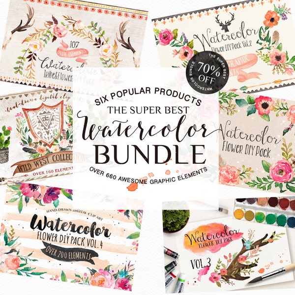 50% Off • Watercolor Bundle/Large Set/Wedding/Clip art collection/15 Pre-designed logos/Seamless pattern/Individual PNG files/Hand Painted