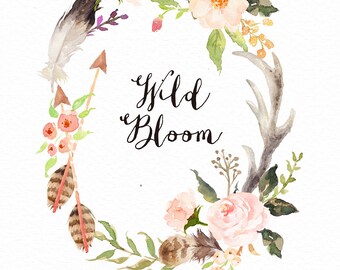 Watercolor oval wreath-Wild Bloom/Small Set/Antler/Wild/Boho/Hand Painted/Wedding design