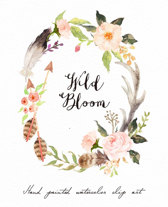 Watercolor oval wreath-Wild Bloom/Antler/Wild/Boho/Hand | Etsy