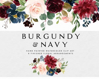 May include: Watercolour clip art featuring burgundy and navy blue flowers. The image includes 8 finished floral arrangements. The text "Burgundy & Navy" and "Hand Painted Watercolour Clip Art 8 Finished Floral Arrangements" is included in the image.
