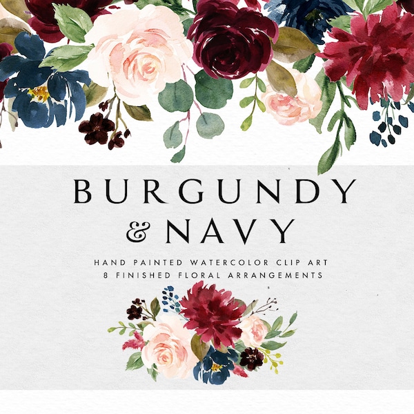Watercolor floral Clip Art-Burgundy&Navy/Small Set/Individual PNG files/Hand Painted/Wedding design/Autumn/Rustic