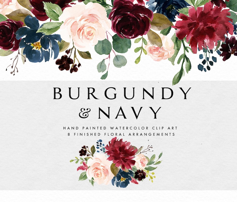 Watercolor floral Clip Art-Burgundy&Navy/Small Set/Individual PNG files/Hand Painted/Wedding design/Autumn/Rustic image 1