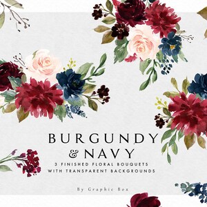 Watercolor floral Clip Art-Burgundy&Navy Floral Elements/Small Set/Individual PNG files/Hand Painted/Wedding design/Rustic image 2