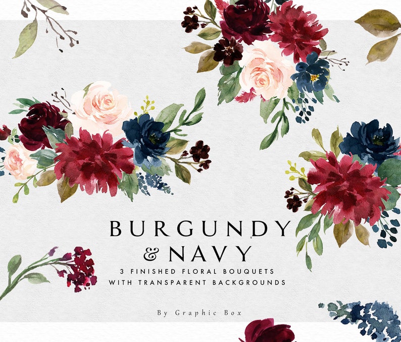 Watercolor floral Clip Art-Burgundy&Navy Floral Elements/Small Set/Individual PNG files/Hand Painted/Wedding design/Rustic image 2