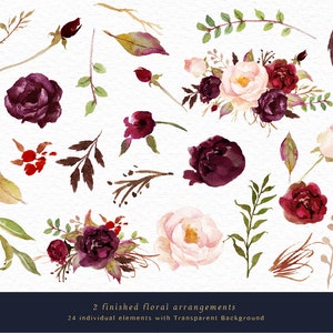 Watercolor floral Clip Art-Marsala Graphic Elements/Small Set/Individual PNG files/Hand Painted/Wedding design/Bohemian/Boho/Rustic image 3