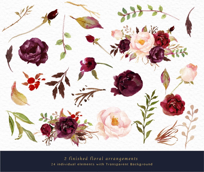 Watercolor floral Clip Art-Marsala Graphic Elements/Small Set/Individual PNG files/Hand Painted/Wedding design/Bohemian/Boho/Rustic image 3