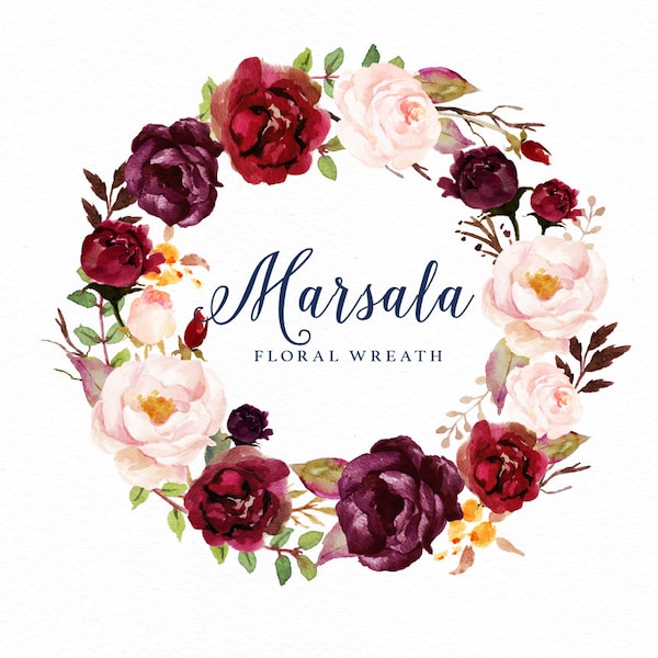 Clipart de guirlanda floral em aquarela, design de casamento Marsala (PNG)