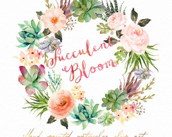 Watercolor Succulent Wreath-Succulent Bloom/Small Set/Individual PNG files / Hand Painted/Wedding