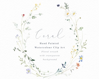 May include: Watercolor floral wreath clip art with a transparent background. The wreath is made up of various flowers and greenery in shades of blue, green, yellow, and red. The text "Coral" is written in cursive at the top of the image.