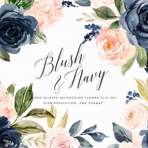Watercolor floral Clip Art-Blush & Navy/Small Set/Individual PNG files/Hand Painted/wedding invitation