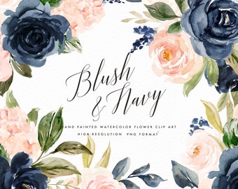 Watercolor Floral Clip Art-navy & Blush/small | Etsy