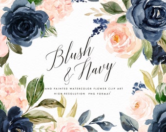 Watercolor floral Clip Art-Blush & Navy/Small Set/Individual PNG files/Hand Painted/wedding invitation