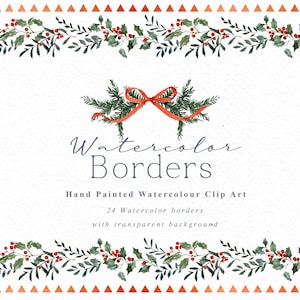 May include: Watercolor borders with a red bow and holly leaves. Hand painted watercolor clip art with 24 watercolor borders with transparent background.