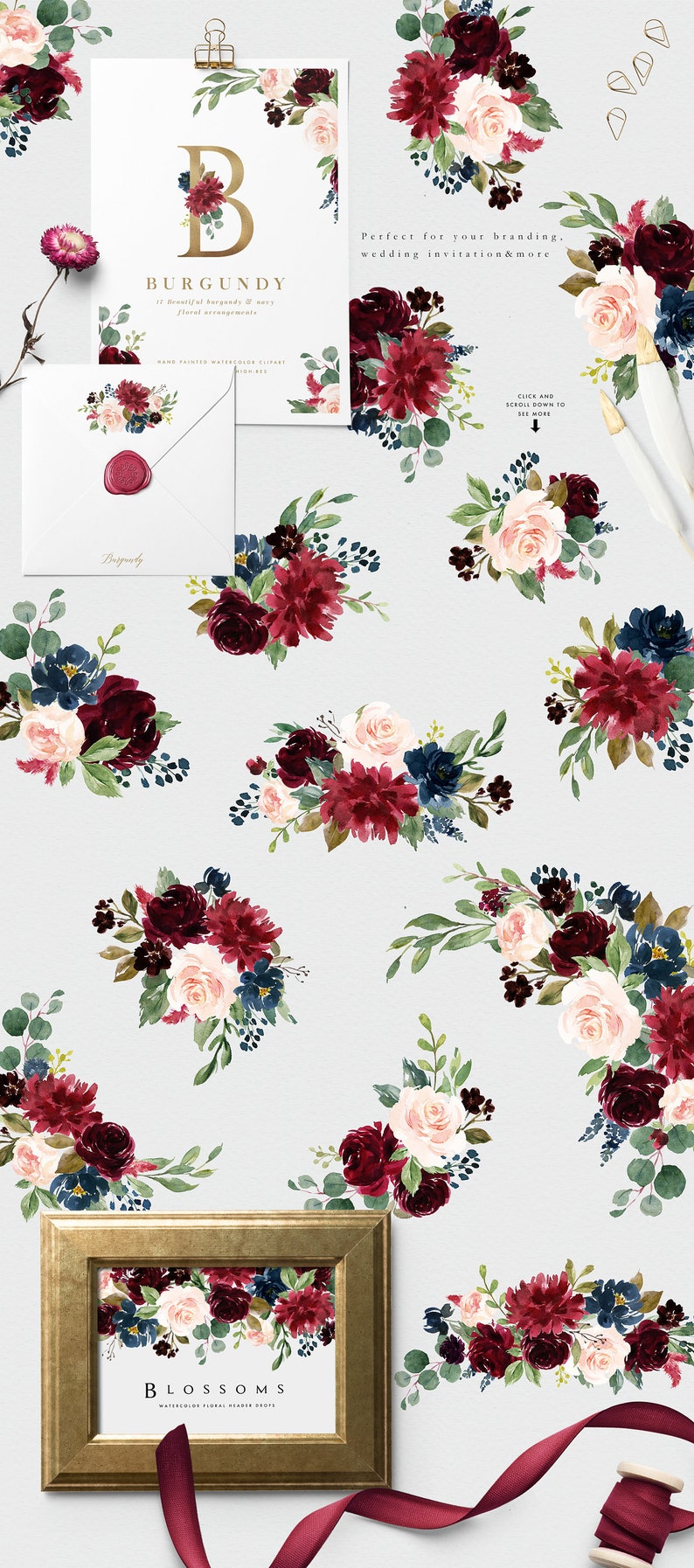 Burgundy & Navy Floral Graphic Set/Large Set/Wedding/Individual PNG files/Hand Painted/wedding invitation/Autumn image 4