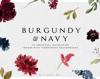 Watercolor Floral Clip Art-navy & Blush/small - Etsy