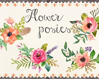 May include: Watercolor illustrations of four different flower bouquets with pink, orange, and white flowers. The bouquets are surrounded by green leaves and branches. The text "Flower posies" is written in black cursive at the top of the image.