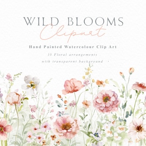 May include: Watercolor clip art featuring a variety of wildflowers in shades of pink, peach, and white. The text "Wild Blooms Clipart" is displayed above the floral arrangement. The image includes 10 floral arrangements with a transparent background.