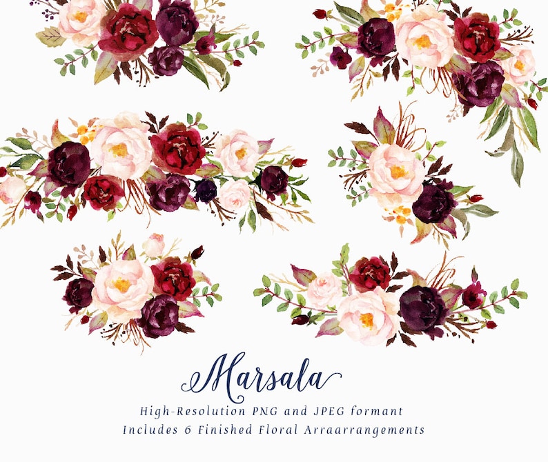 Watercolor floral Clip Art-Marsala/Small Set/Individual PNG files/Hand Painted/Wedding design/Bohemian/Boho/Rustic image 3